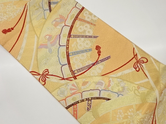 九百佐賀錦源氏車に草花・宝・波鴛鴦模様織出し袋帯